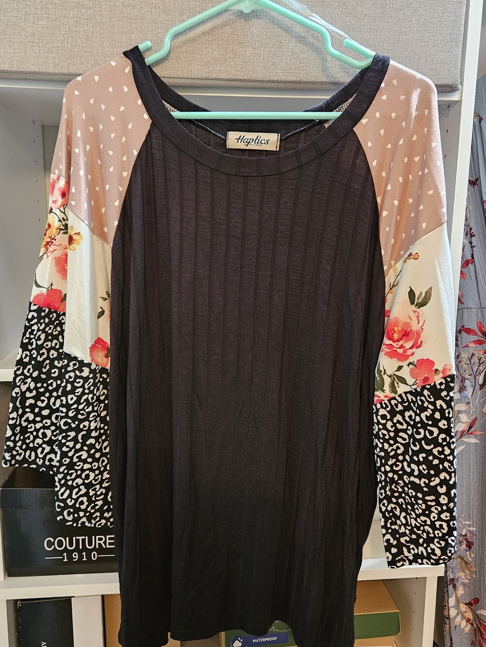 Haptics Colorblock Raglan Top - Black with Floral & Blush Accents Sleeves